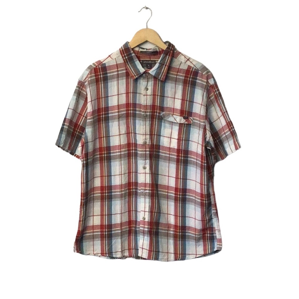 Eddie Bauer 100% Cotton Plaid Button Down Shirt Short Sleeve, size XL